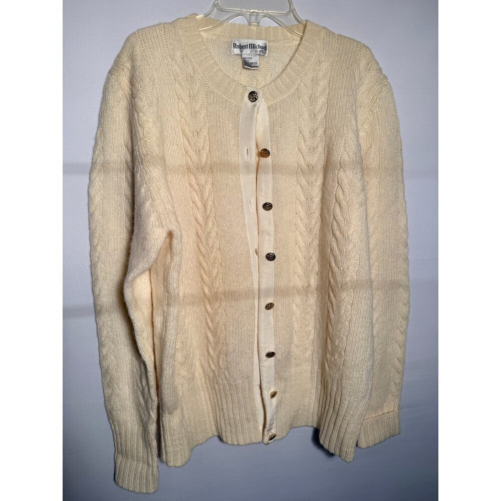 Vintage Robert Michael LTD 100% Wool Cream Cable Knit Grandpa Sweater Cardigan